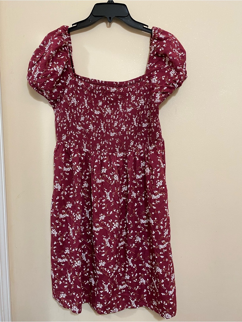 SO Burgundy Floral Smocked Puff Sleeve Dress
